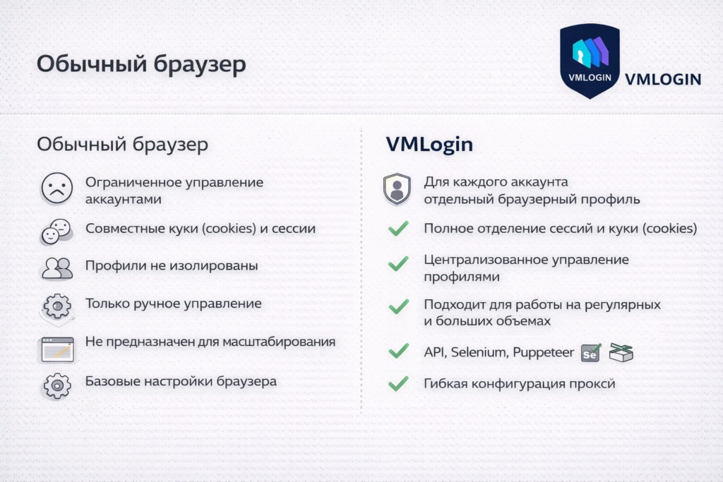 Сравнение обычного браузера и VMLogin по управлению профилями, изоляции cookie и сессий, автоматизации и настройке прокси.