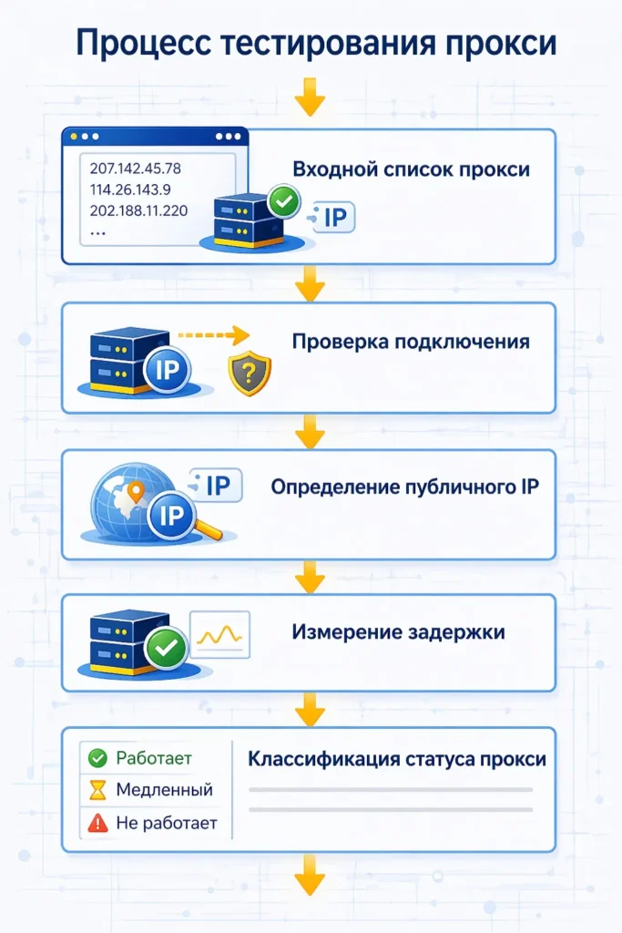 Процесс тестирования прокси: проверка подключения, определение публичного IP и измерение задержки