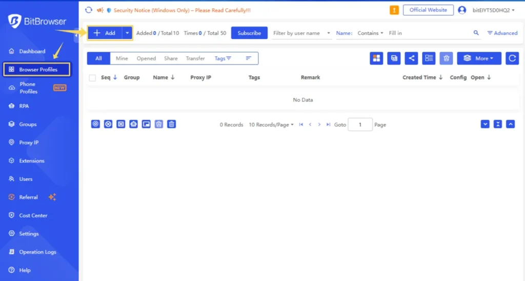 Creating a profile in BitBrowser for proxy setup in the Browser Profiles section