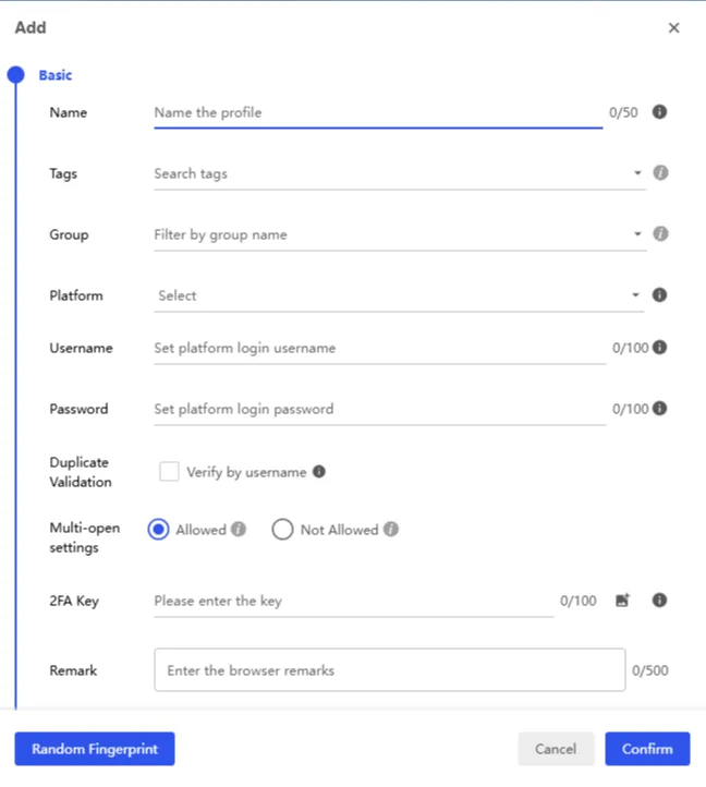 Basic profile setup in BitBrowser before adding a proxy