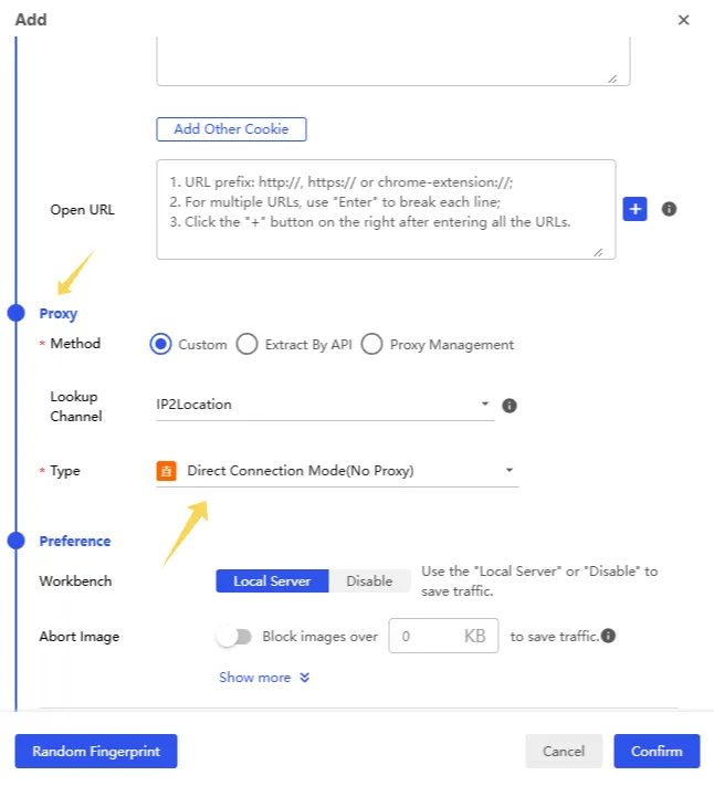 Configuring a proxy in BitBrowser — selecting the connection mode