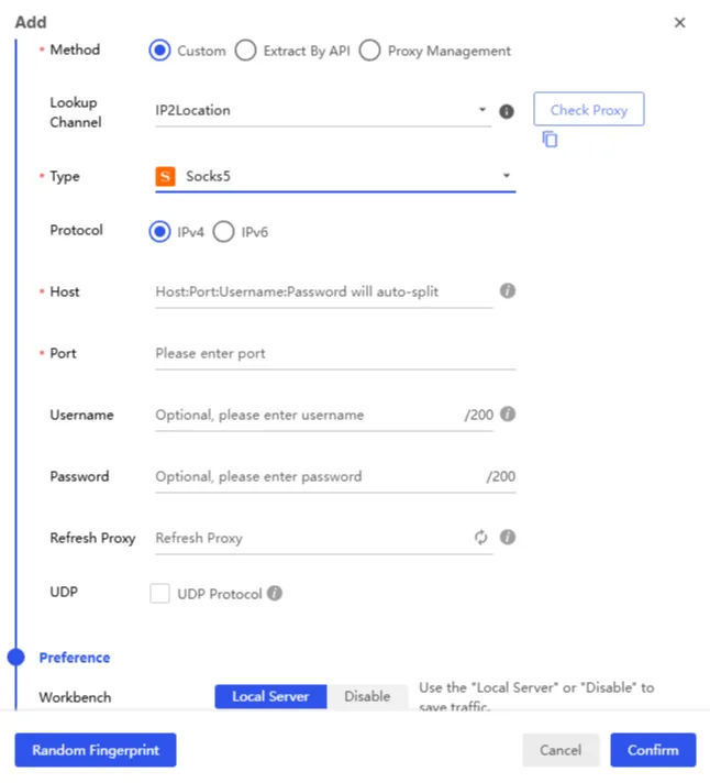 Adding a proxy in BitBrowser — entering connection details and checking the setup