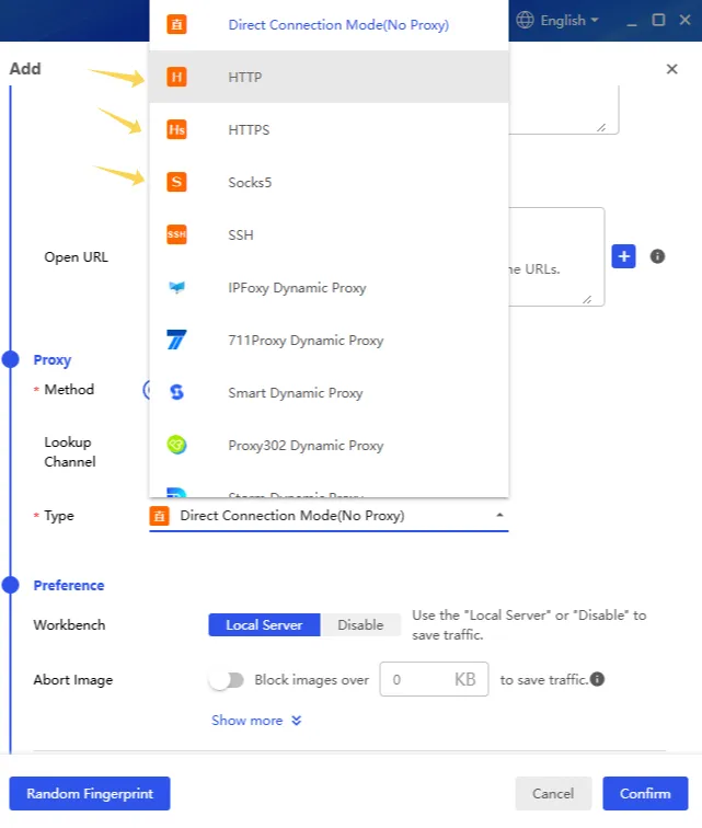 Selecting a proxy type in BitBrowser — HTTP, HTTPS, and SOCKS5