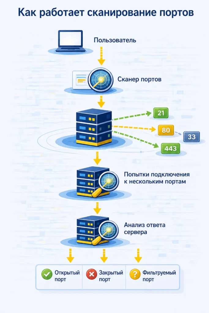 Инфографика: как работает сканирование портов — проверка портов сервера, попытки подключения и анализ ответа