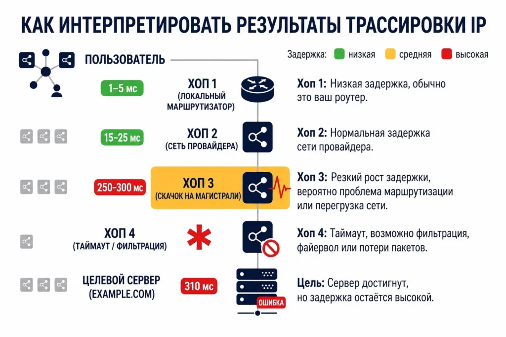 Инфографика интерпретации трассировки IP: хопы, уровни задержки, таймауты и выявление проблем в сетевом маршруте.