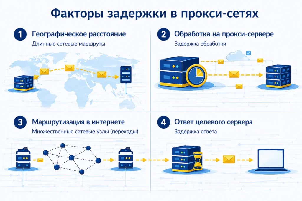 Факторы задержки в прокси-сетях: географическое расстояние, обработка на прокси-сервере, маршрутизация в интернете и ответ целевого сервера