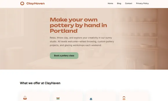 ClayHaven landing page featuring a pottery studio and pottery class booking in Portland