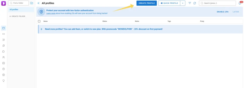 Creating a new profile in Dolphin Anty