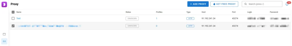 List of added proxies in Dolphin Anty