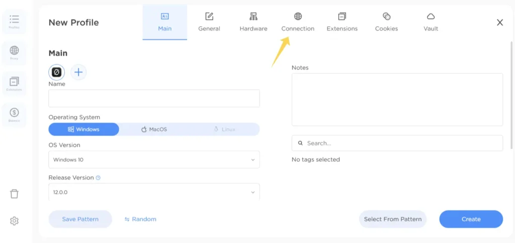 Opening the connection tab in 0Detect