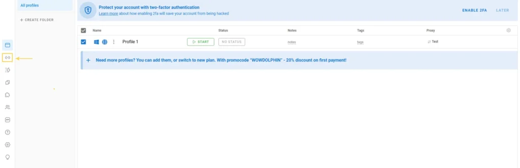 Opening the proxy manager in Dolphin Anty