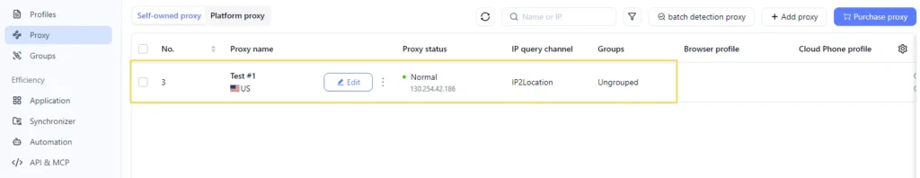 Добавленный прокси в MoreLogin отображается в списке