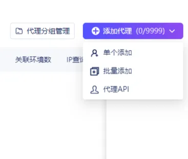 Proxy import menu in an anti-detect browser with single add, bulk import, and Proxy API options