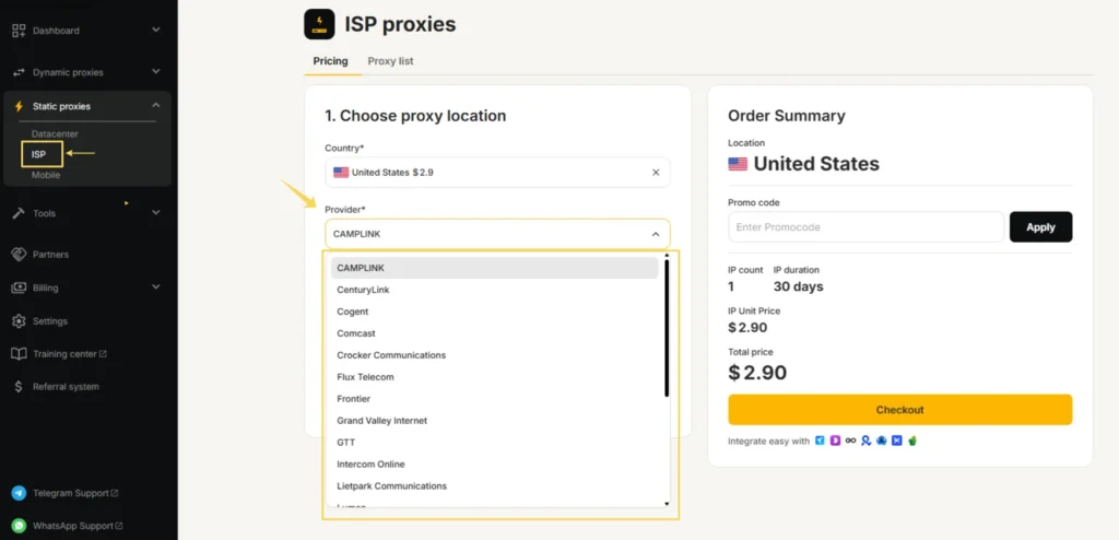 Выбор интернет-провайдера (ISP) в настройках статических прокси в MangoProxy