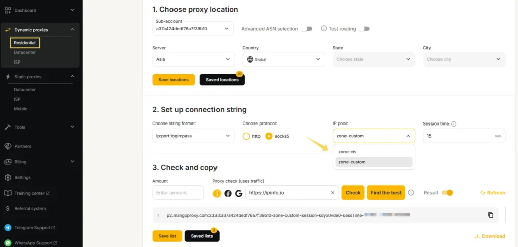 Выбор пула IP (zone-cis и zone-custom) в настройках residential прокси в MangoProxy
