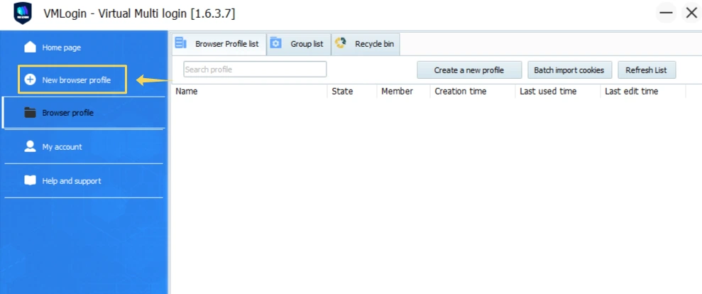 Creating a new browser profile in VMLogin before configuring a proxy.