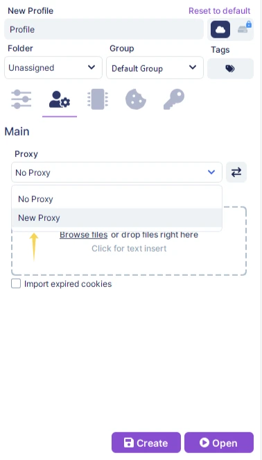 Selecting an existing proxy or adding a new proxy while configuring a profile in Undetectable.
