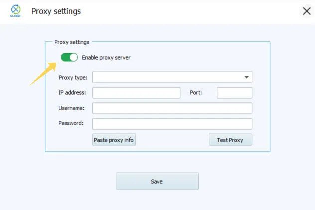Proxy settings window in XLogin with fields for IP address, port, username, and password.