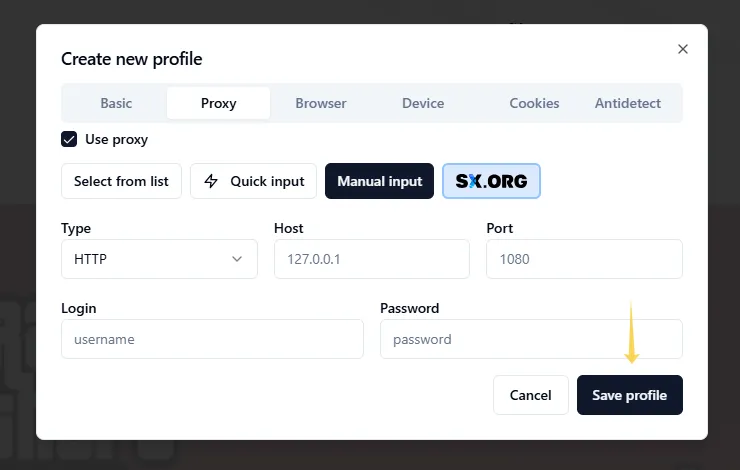 manual proxy configuration in an AEZAKMI profile