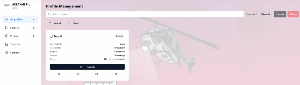 configured AEZAKMI profile ready for launch with a connected proxy