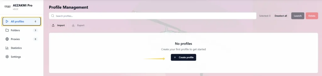 AEZAKMI profile management dashboard with anti-detect browser settings and profile controls