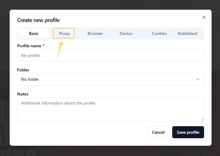 proxy configuration during profile creation in the AEZAKMI anti-detect browser