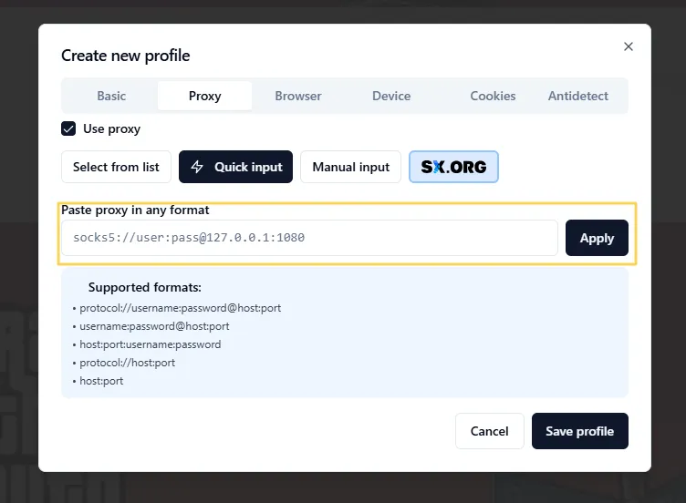 quick proxy setup in AEZAKMI using the Quick Input option