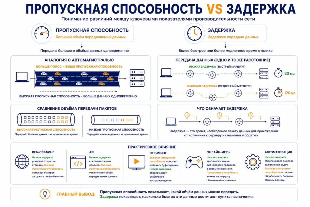 Инфографика, объясняющая разницу между пропускной способностью сети и задержкой передачи данных на примерах маршрутизации, веб-сёрфинга, API, игр и автоматизации.