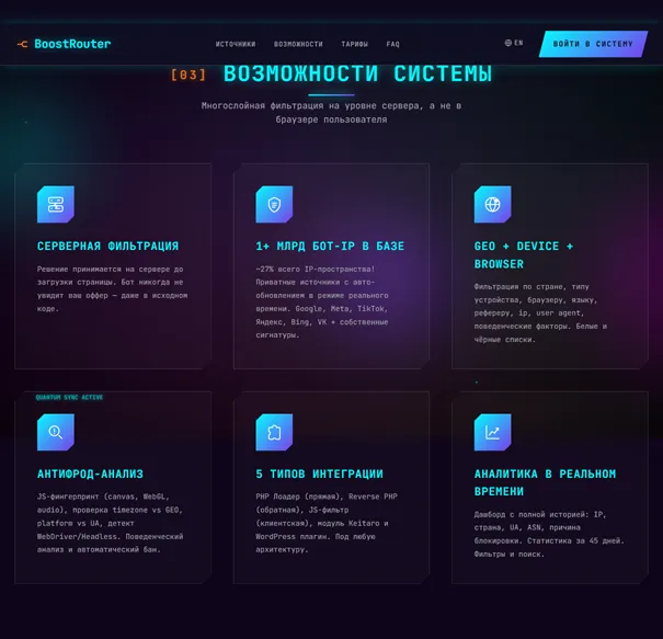 Раздел BoostRouter с основными функциями платформы, включая серверную фильтрацию, антифрод-анализ, аналитику и интеграции.