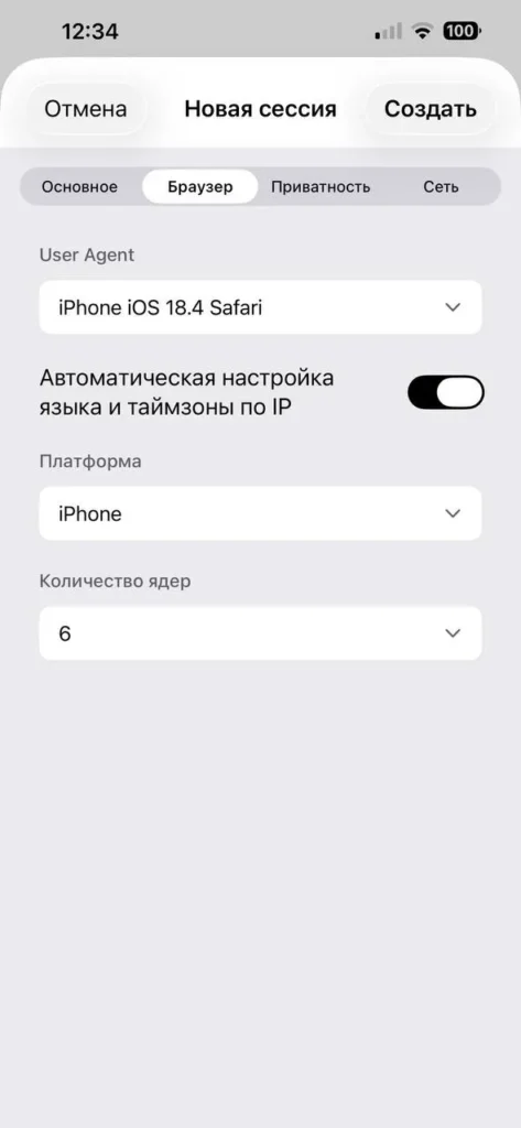 Вкладка «Браузер» в ExitAnty для iPhone с настройками User-Agent, платформы, языка и таймзоны.