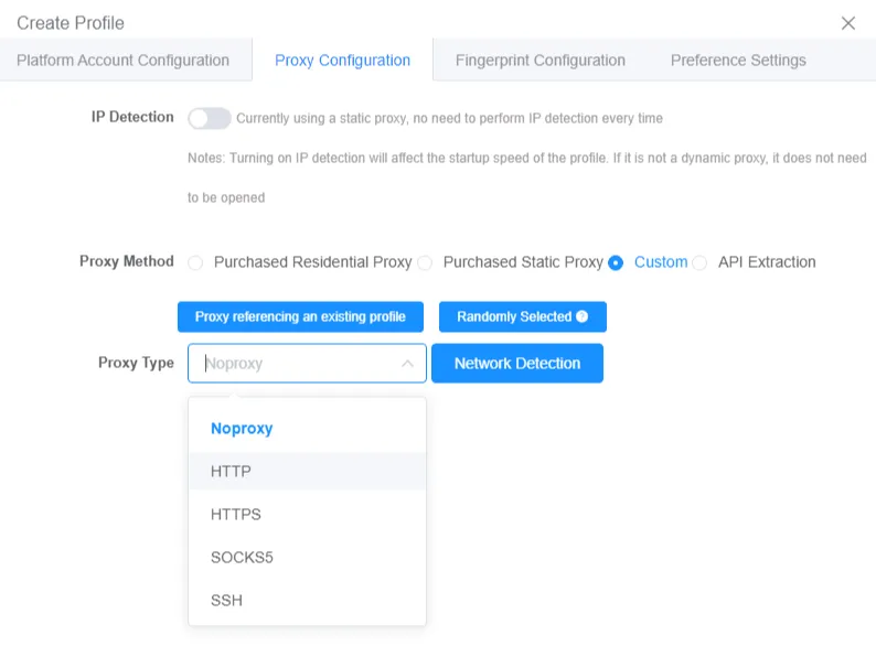 Proxy settings in ixBrowser with the Custom proxy option selected and support for HTTP, HTTPS, SOCKS5, and SSH protocols.