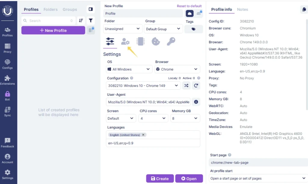 Configuring browser profile settings in Undetectable before creating a new profile.