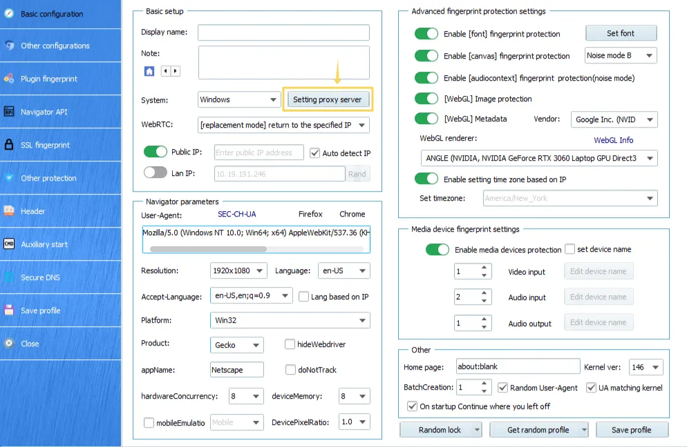 XLogin profile configuration window with browser fingerprint settings and the proxy setup button.