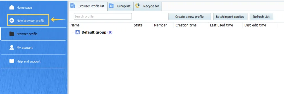 XLogin interface with the button for creating a new browser profile.