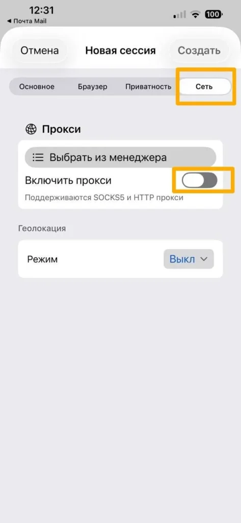 Вкладка «Сеть» в ExitAnty для iPhone с переключателем включения прокси-сервера.
