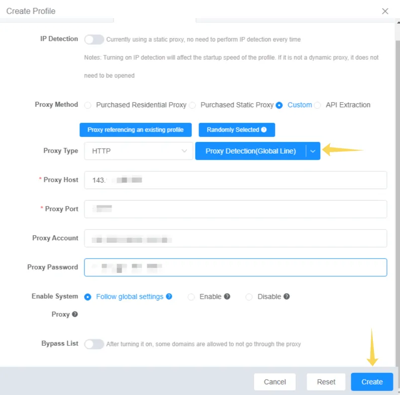 Proxy configuration in ixBrowser with Host, Port, Username, and Password fields completed, along with the Create button for profile creation.