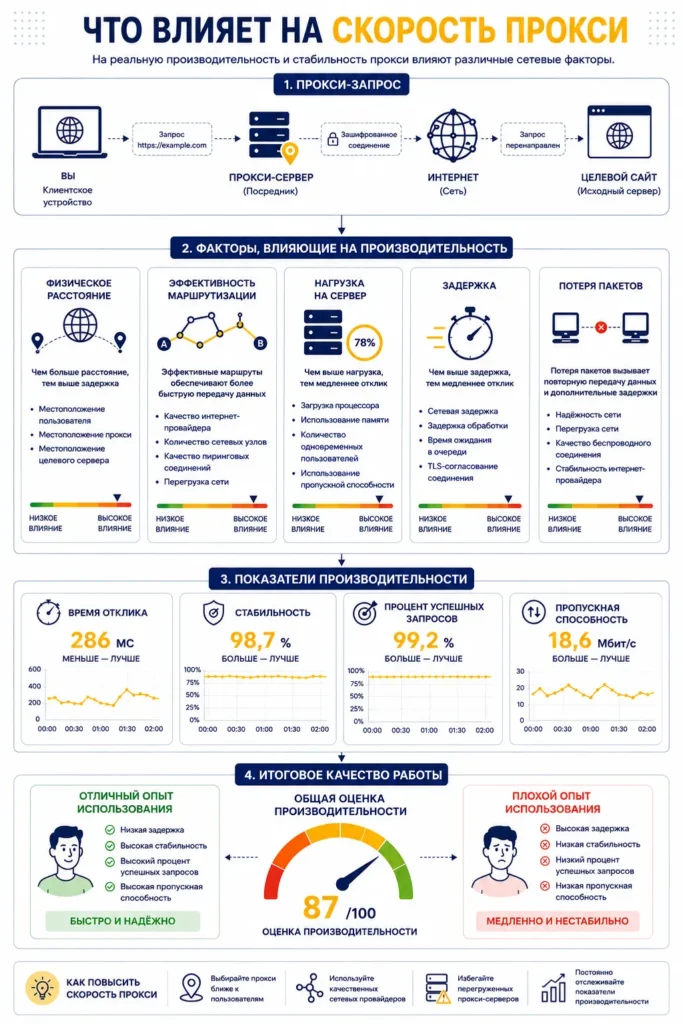 Инфографика, показывающая основные факторы, влияющие на скорость и производительность прокси-серверов: расстояние, маршрутизация, нагрузка, задержка и потеря пакетов.