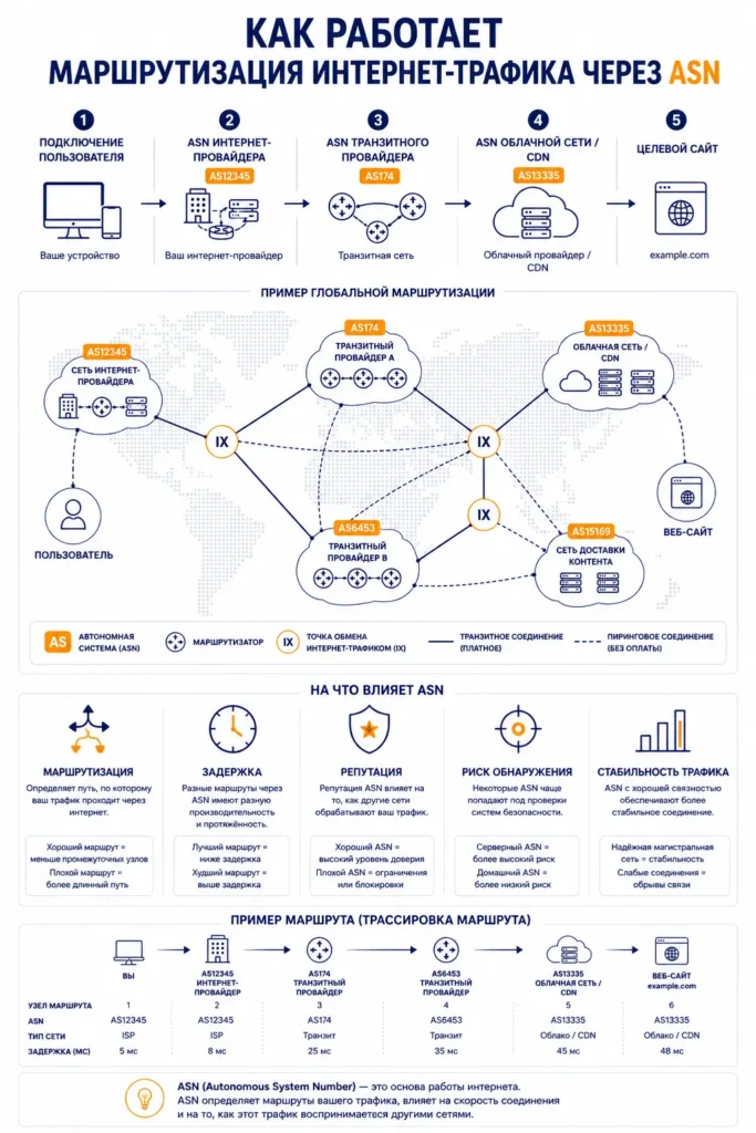 Инфографика, объясняющая прохождение интернет-трафика через автономные системы (ASN), транзитных провайдеров, точки обмена трафиком и CDN-инфраструктуру.