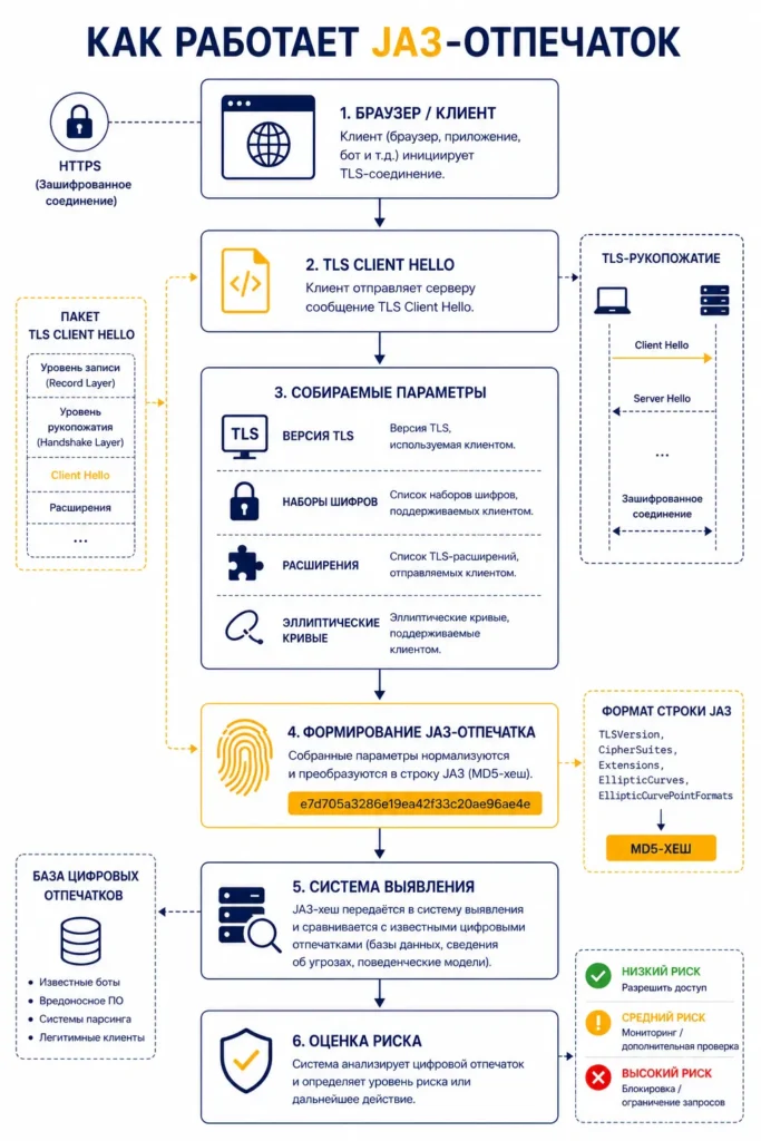 Инфографика, объясняющая процесс формирования JA3-отпечатка на основе TLS Client Hello, наборов шифров, расширений и других параметров TLS-соединения