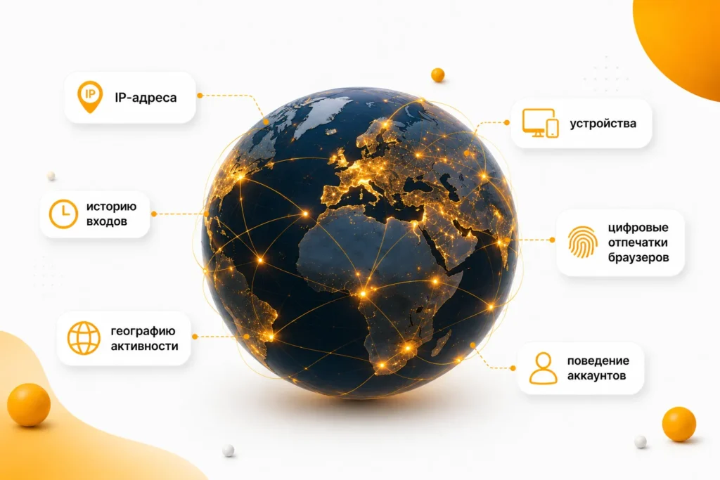Инфографика, показывающая сигналы, которые платформы используют для связи аккаунтов: IP-адрес, устройства, цифровые отпечатки браузера и история активности.