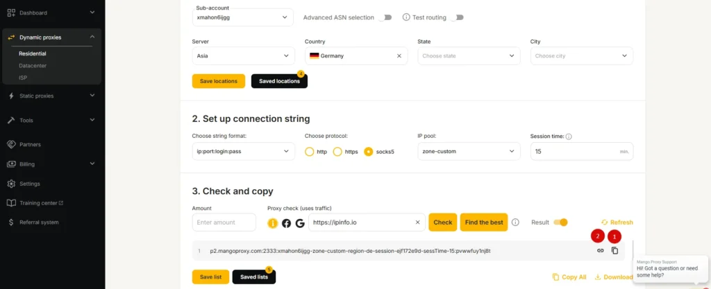 генерация строки подключения для резидентских прокси в панели MangoProxy