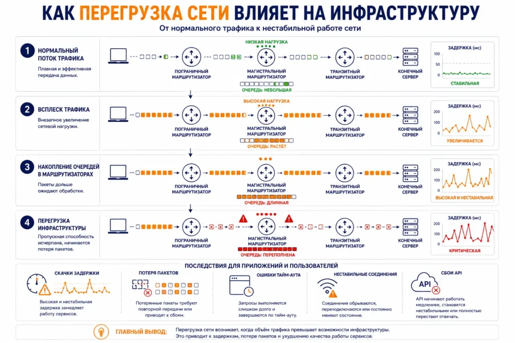 Инфографика, показывающая, как перегрузка сети приводит к росту задержек, накоплению очередей в маршрутизаторах, потере пакетов и нестабильной работе сервисов.