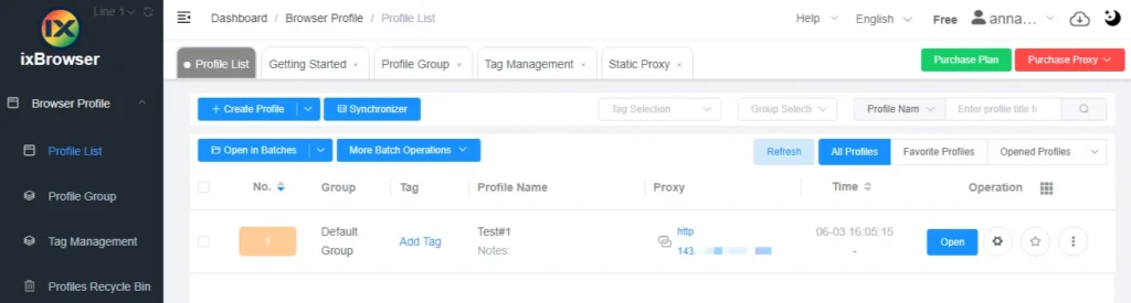 ixBrowser profile list showing a newly created profile with a configured proxy, ready to be launched using the Open button.