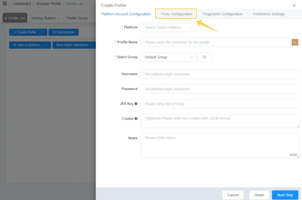 Profile creation window in ixBrowser with the Proxy Configuration tab selected for proxy server setup.