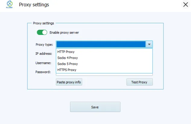 Selecting a proxy type in XLogin from the available HTTP, HTTPS, SOCKS4, and SOCKS5 options.