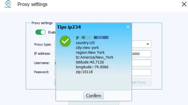 Successful proxy verification result in XLogin showing the IP address and geolocation details.