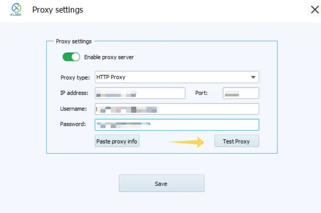 Testing a proxy connection in XLogin before saving the configuration.