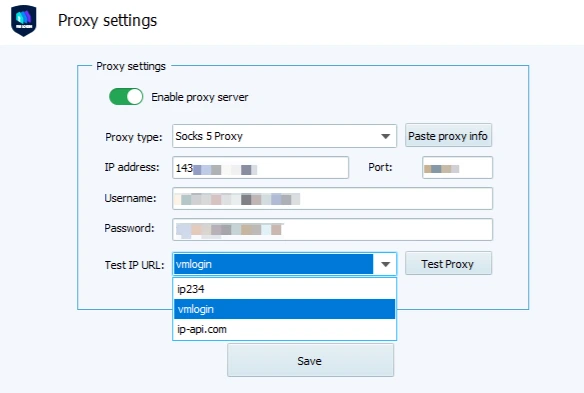 Configuring proxy settings and selecting an IP check service in VMLogin.