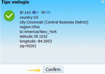 Successful proxy verification in VMLogin displaying the IP address and location details.