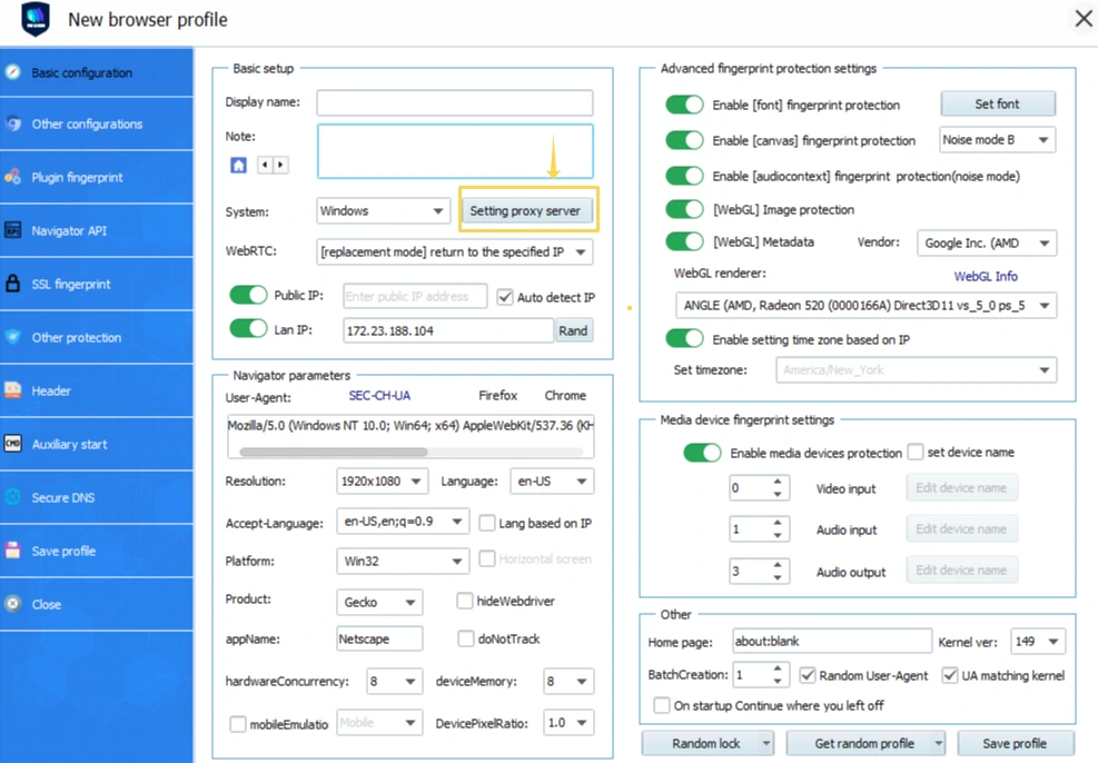 Opening proxy settings while creating a browser profile in VMLogin.